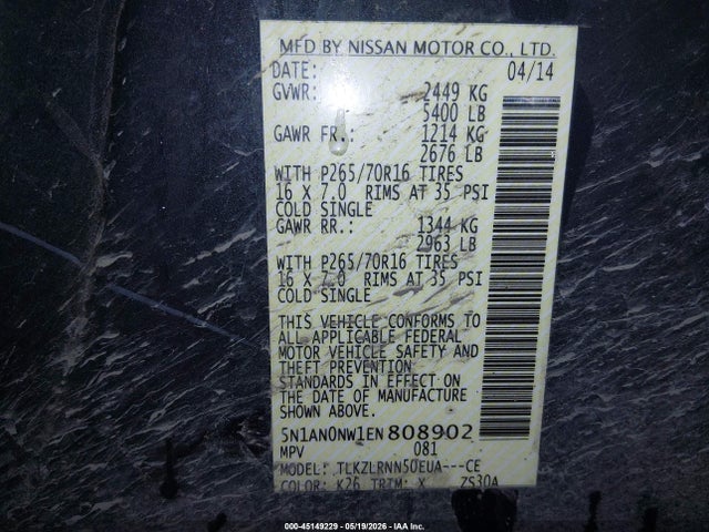Продаж на аукціоні авто 2014 Nissan Xterra Pro-4x/s/x, vin: 5N1AN0NW1EN808902, номер лоту: 45149229