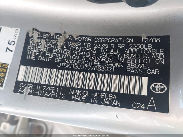 Aukcja sprzedaży 2009 Toyota Prius, vin: JTDKB20U797883021, numer aukcji: 45149230