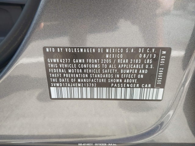 45149231 :رقم المزاد ، 3VWD17AJ4EM213792 vin ، 2014 Volkswagen Jetta 1.8t Se مزاد بيع