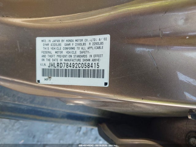 2002 Honda Cr-v Lx მანქანა იყიდება აუქციონზე, vin: JHLRD78492C058415, აუქციონის ნომერი: 45149242