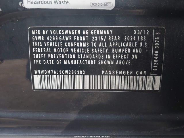 Aukcja sprzedaży 2012 Volkswagen Golf Tdi 4-door, vin: WVWDM7AJ9CW296983, numer aukcji: 45149243
