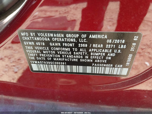 Aukcja sprzedaży 2016 Volkswagen Passat 1.8t S, vin: 1VWAS7A39GC055391, numer aukcji: 45149247