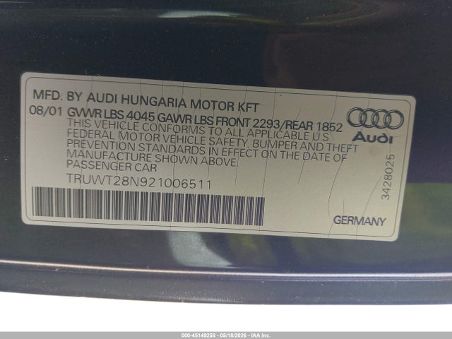 45149258 :رقم المزاد ، TRUWT28N921006511 vin ، 2002 Audi Tt 1.8l/alms Commemorative Edition مزاد بيع