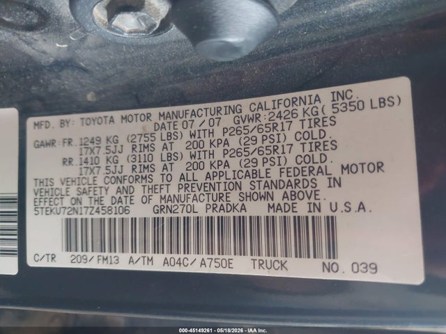 Продаж на аукціоні авто 2007 Toyota Tacoma Prerunner V6, vin: 5TEKU72N17Z458106, номер лоту: 45149261