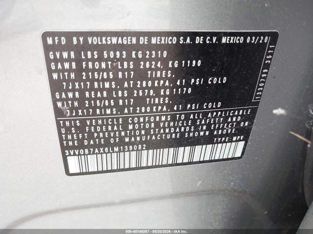 45149267 :رقم المزاد ، 3VV0B7AX6LM139082 vin ، 2020 Volkswagen Tiguan 2.0t S مزاد بيع