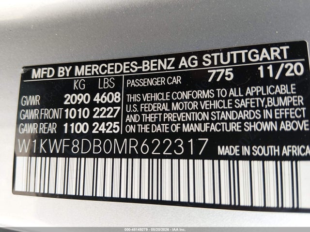 Auction sale of the 2021 Mercedes-benz C 300 Sedan, vin: W1KWF8DB0MR622317, lot number: 45149279