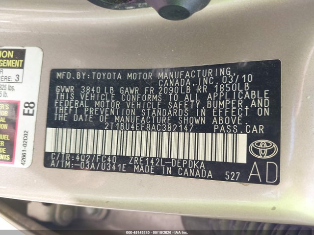 Продажа на аукционе авто 2010 Toyota Corolla Le, vin: 2T1BU4EE8AC382147, номер лота: 45149280
