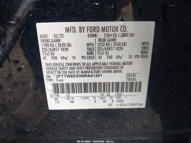 Aukcja sprzedaży 2022 Ford Maverick Xl, vin: 3FTTW8E93NRA41201, numer aukcji: 45149287