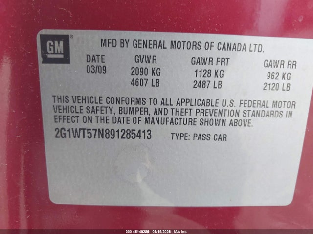 Продажа на аукционе авто 2009 Chevrolet Impala Lt, vin: 2G1WT57N891285413, номер лота: 45149289
