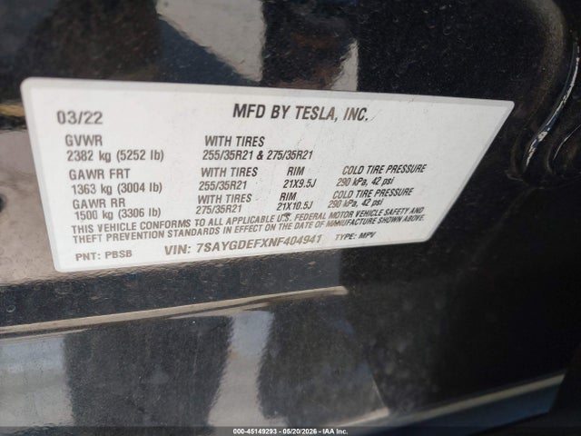 Aukcja sprzedaży 2022 Tesla Model Y Performance Dual Motor All-wheel Drive, vin: 7SAYGDEFXNF404941, numer aukcji: 45149293