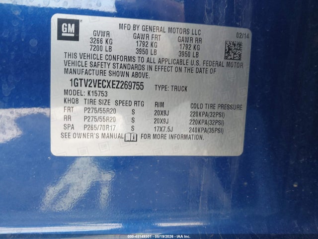 Aukcja sprzedaży 2014 Gmc Sierra 1500 Slt, vin: 1GTV2VECXEZ269755, numer aukcji: 45149301