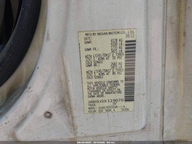 Продажа на аукционе авто 2012 Nissan Nv 2500 Nv2500 Hd Sv V6, vin: 1N6BF0LX5CN119070, номер лота: 45149307