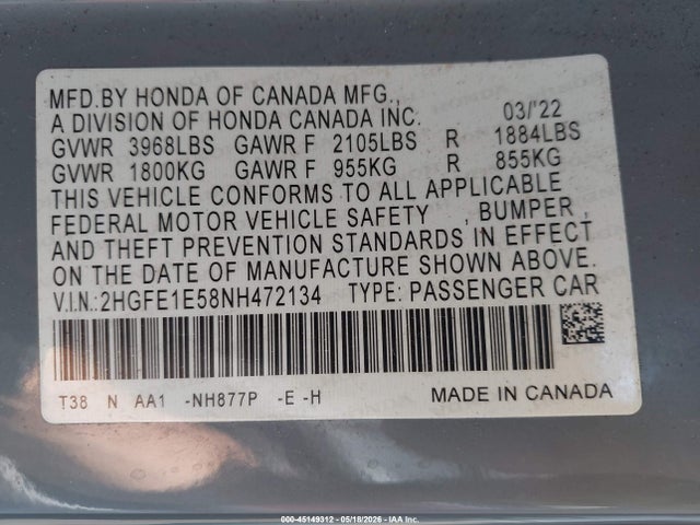 2HGFE1E58NH472134 Honda CIVIC SI SEDAN