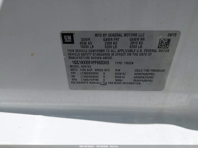 45149321 :رقم المزاد ، 1GC1KXE81FF660303 vin ، 2015 Chevrolet Silverado 2500hd High Country مزاد بيع