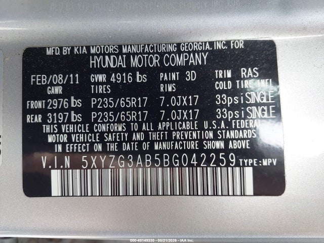 45149330 :رقم المزاد ، 5XYZG3AB5BG042259 vin ، 2011 Hyundai Santa Fe Gls مزاد بيع