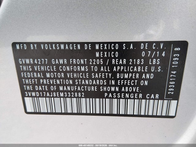 45149332 :رقم المزاد ، 3VWD17AJ8EM332882 vin ، 2014 Volkswagen Jetta 1.8t Se مزاد بيع