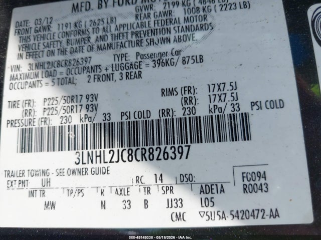 45149338 :رقم المزاد ، 3LNHL2JC8CR826397 vin ، 2012 Lincoln Mkz مزاد بيع