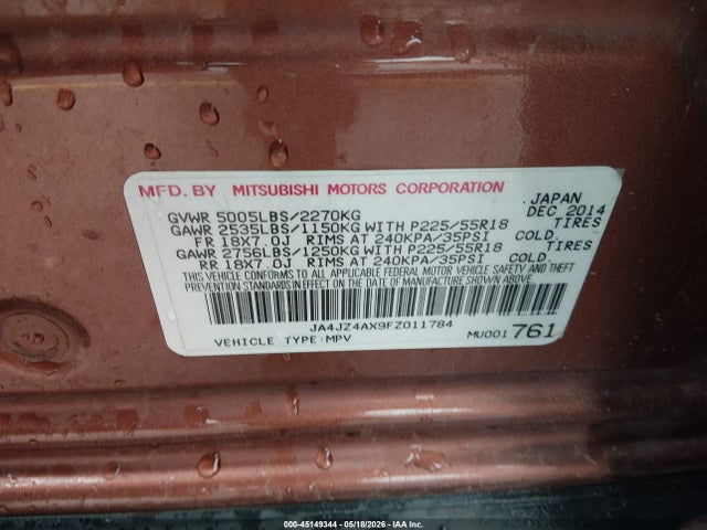 2015 Mitsubishi Outlander Gt მანქანა იყიდება აუქციონზე, vin: JA4JZ4AX9FZ011784, აუქციონის ნომერი: 45149344
