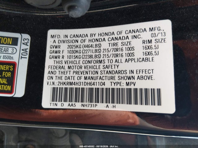 Продажа на аукционе авто 2013 Honda Cr-v Lx, vin: 2HKRM4H31DH641104, номер лота: 45149352