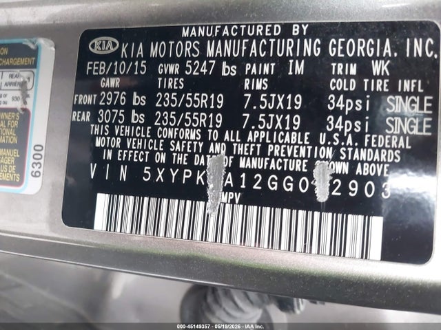 5XYPKDA12GG022903 KIA Sorento 2.0t Sxl