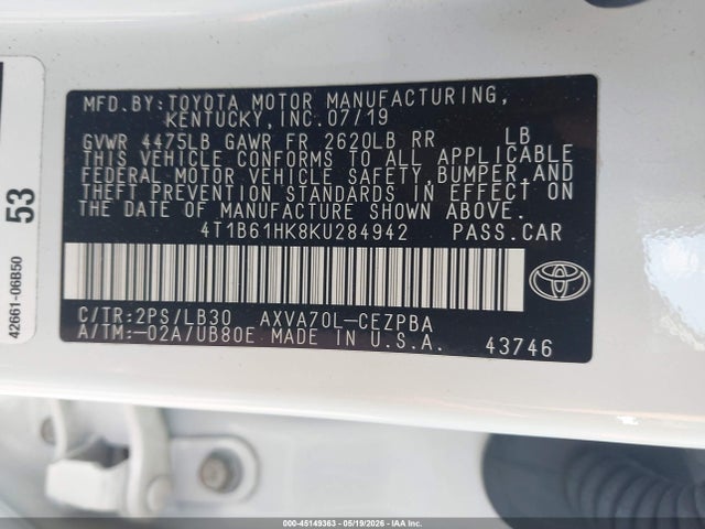 Продажа на аукционе авто 2019 Toyota Camry Xse, vin: 4T1B61HK8KU284942, номер лота: 45149363