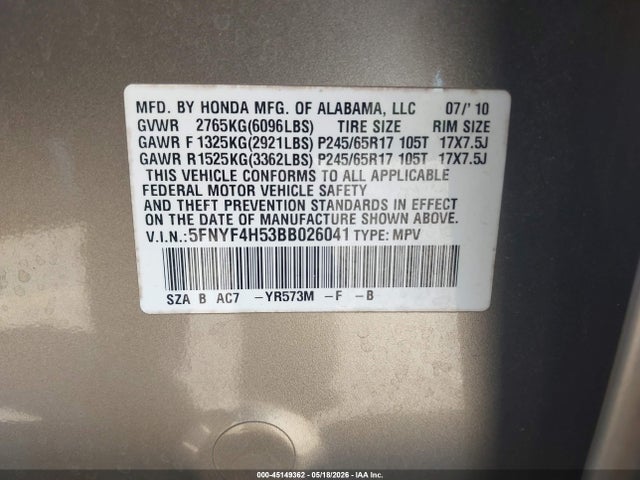 Aukcja sprzedaży 2011 Honda Pilot Ex-l, vin: 5FNYF4H53BB026041, numer aukcji: 45149362