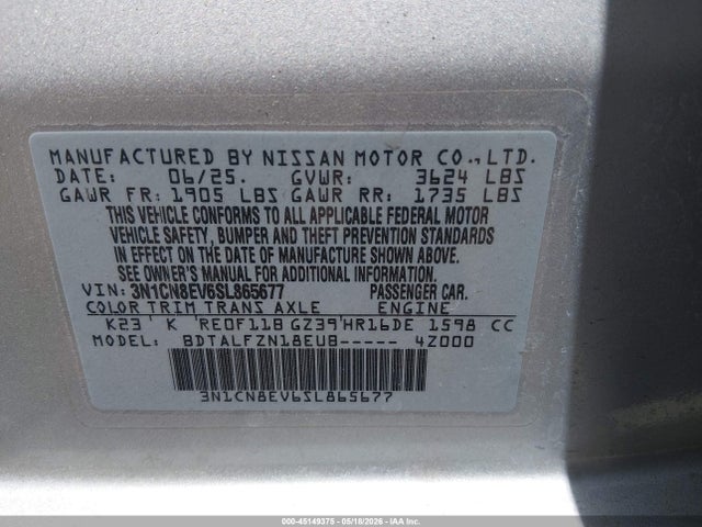 Продаж на аукціоні авто 2025 Nissan Versa 1.6 Sv, vin: 3N1CN8EV6SL865677, номер лоту: 45149375
