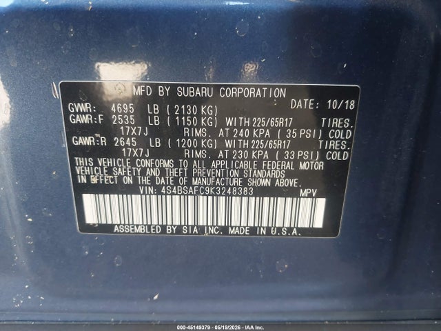 Aukcja sprzedaży 2019 Subaru Outback 2.5i Premium, vin: 4S4BSAFC9K3248383, numer aukcji: 45149379