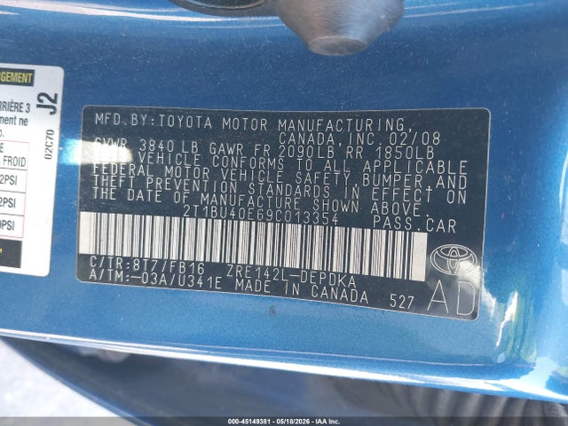 Aukcja sprzedaży 2009 Toyota Corolla Le, vin: 2T1BU40E69C013354, numer aukcji: 45149381