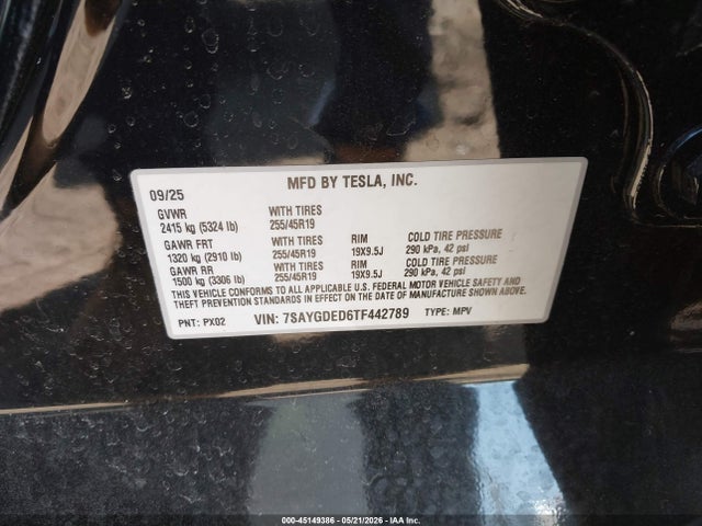 Aukcja sprzedaży 2026 Tesla Model Y Premium Rear-wheel Drive/rear-wheel Drive, vin: 7SAYGDED6TF442789, numer aukcji: 45149386