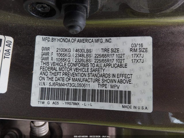 Продажа на аукционе авто 2016 Honda Cr-v Ex-l, vin: 5J6RM4H73GL050611, номер лота: 45149399