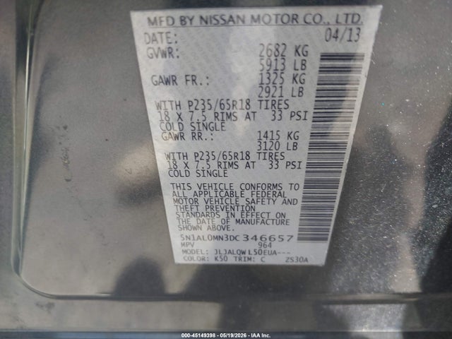 Продажа на аукционе авто 2013 Infiniti Jx35, vin: 5N1AL0MN3DC346657, номер лота: 45149398