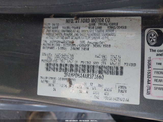 Aukcja sprzedaży 2010 Ford Fusion Se, vin: 3FAHP0HA4AR373660, numer aukcji: 45149425