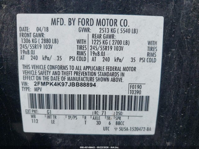 Aukcja sprzedaży 2018 Ford Edge Titanium, vin: 2FMPK4K97JBB88894, numer aukcji: 45149443