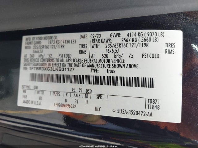 Aukcja sprzedaży 2020 Ford Transit-250 Cargo Van, vin: 1FTBR3XG3LKB31127, numer aukcji: 45149462