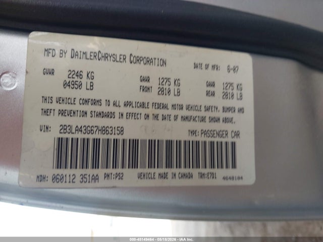 45149464 :رقم المزاد ، 2B3LA43G67H863158 vin ، 2007 Dodge Charger مزاد بيع