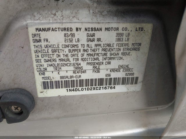 45149468 :رقم المزاد ، 1N4DL01D2XC216764 vin ، 1999 Nissan Altima Gle/gxe/se/se-l/xe مزاد بيع