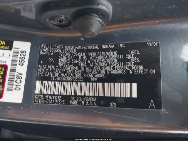 Aukcja sprzedaży 2008 Toyota Sienna Le, vin: 5TDZK23C38S135355, numer aukcji: 45149483