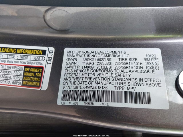 45149484 :رقم المزاد ، 5J8TC2H58NL018186 vin ، 2022 Acura Rdx Technology Package مزاد بيع