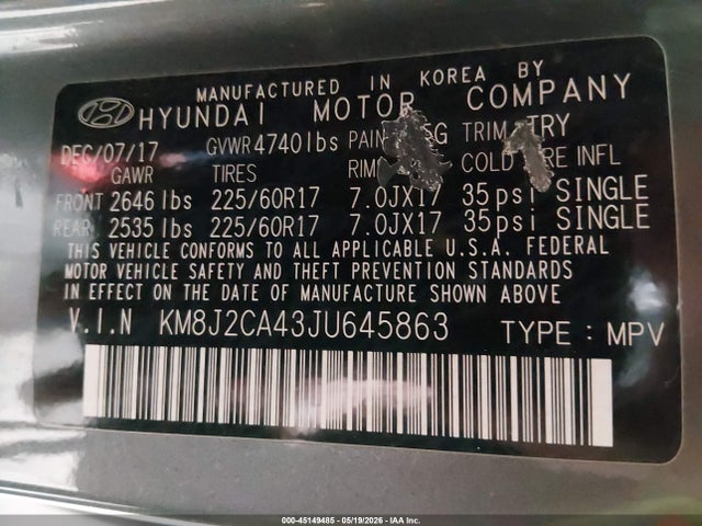 2018 Hyundai Tucson Se მანქანა იყიდება აუქციონზე, vin: KM8J2CA43JU645863, აუქციონის ნომერი: 45149485