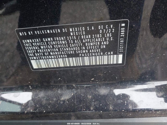 Aukcja sprzedaży 2022 Volkswagen Jetta Gli 2.0t Autobahn, vin: 3VW2T7BUXNM028608, numer aukcji: 45149489