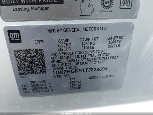 Aukcja sprzedaży 2026 Chevrolet Traverse Fwd Lt, vin: 1GNERGKS1TJ228694, numer aukcji: 45149512