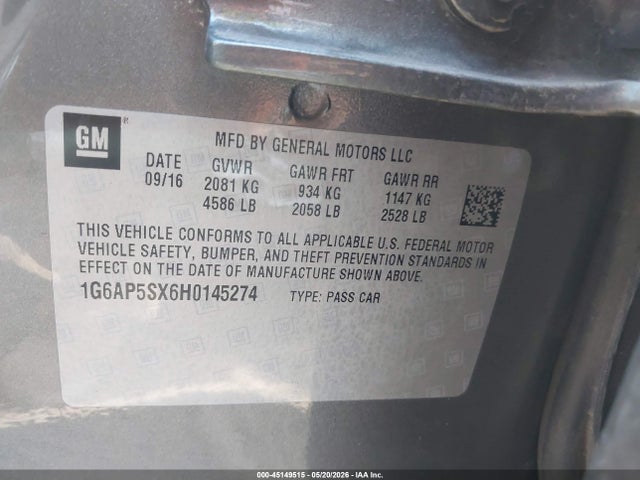 45149515 :رقم المزاد ، 1G6AP5SX6H0145274 vin ، 2017 Cadillac Cts Standard مزاد بيع
