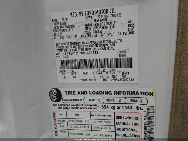 2011 Ford F-150 Lariat მანქანა იყიდება აუქციონზე, vin: 1FTFW1CT3BFA69382, აუქციონის ნომერი: 45149516