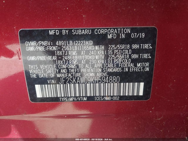 45149520 :رقم المزاد ، JF2SKAWC9KH594880 vin ، 2019 Subaru Forester Touring مزاد بيع