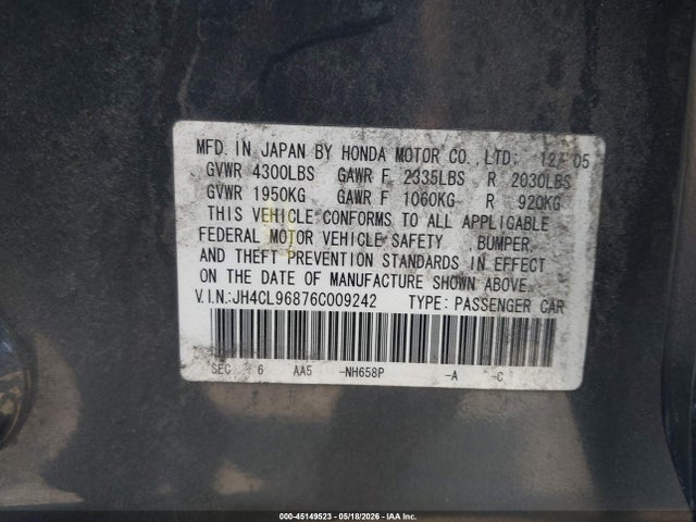 Продаж на аукціоні авто 2006 Acura Tsx, vin: JH4CL96876C009242, номер лоту: 45149523