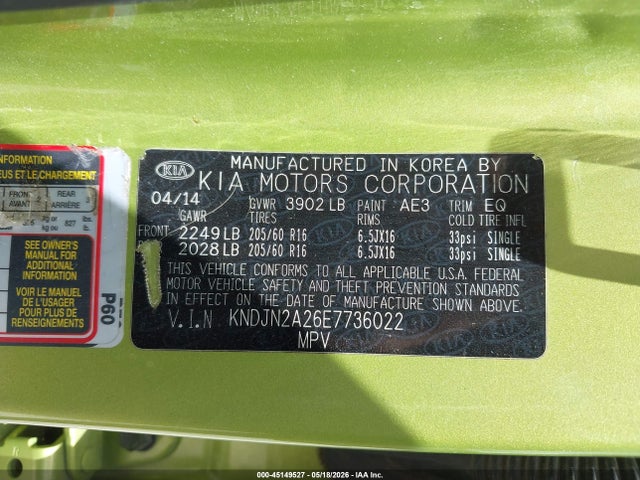 Auction sale of the 2014 Kia Soul, vin: KNDJN2A26E7736022, lot number: 45149527