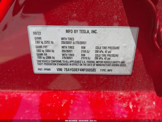 Aukcja sprzedaży 2022 Tesla Model Y Performance Dual Motor All-wheel Drive, vin: 7SAYGDEF4NF560585, numer aukcji: 45149528