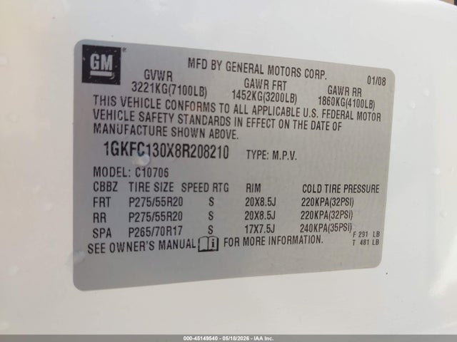 2008 Gmc Yukon Slt მანქანა იყიდება აუქციონზე, vin: 1GKFC130X8R208210, აუქციონის ნომერი: 45149540
