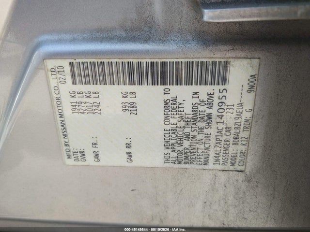 Aukcja sprzedaży 2010 Nissan Altima 2.5 S, vin: 1N4AL2AP1AC140955, numer aukcji: 45149544